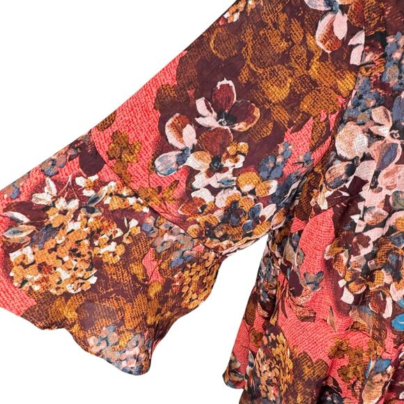 Catherines 3X-Large Draped Kimono Floral 3/4 Bell Sleeve Semi-Sheer Asymmetrical - Picture 2 of 8